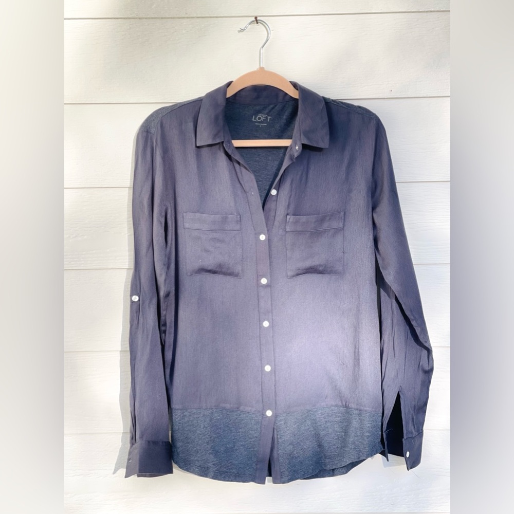 LOFT button up tunic in two-toned navy. Size small.